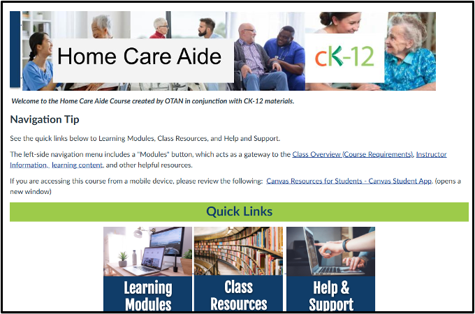 Screen shot of home page of the Home Care Aide course n conjunction with CK-12 materials